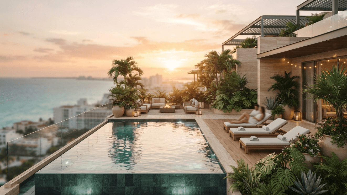 Alberca en la azotea de un edificio residencial moderno con vegetación tropical, representando el mercado inmobiliario de Quintana Roo