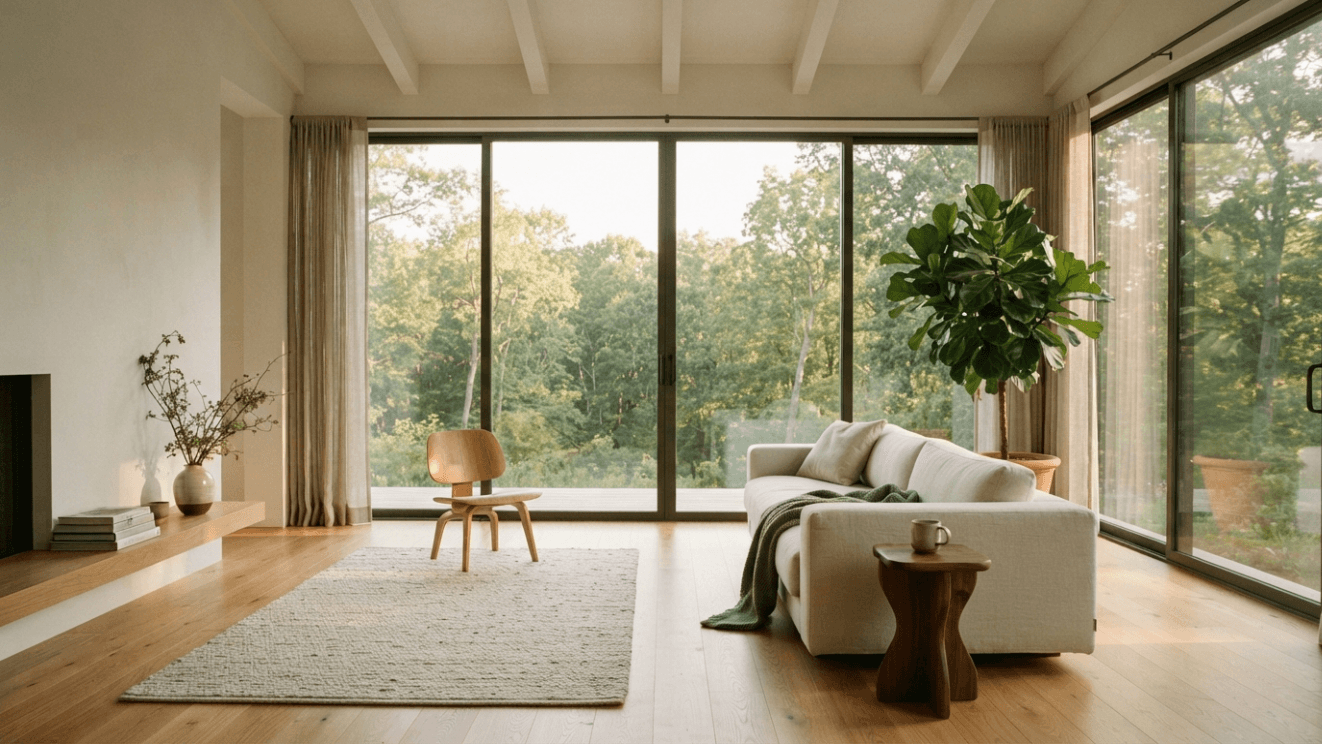 Interior de una sala de estar moderna con ventanales grandes y luz natural, transmitiendo calma y orden en el proceso de crédito hipotecario