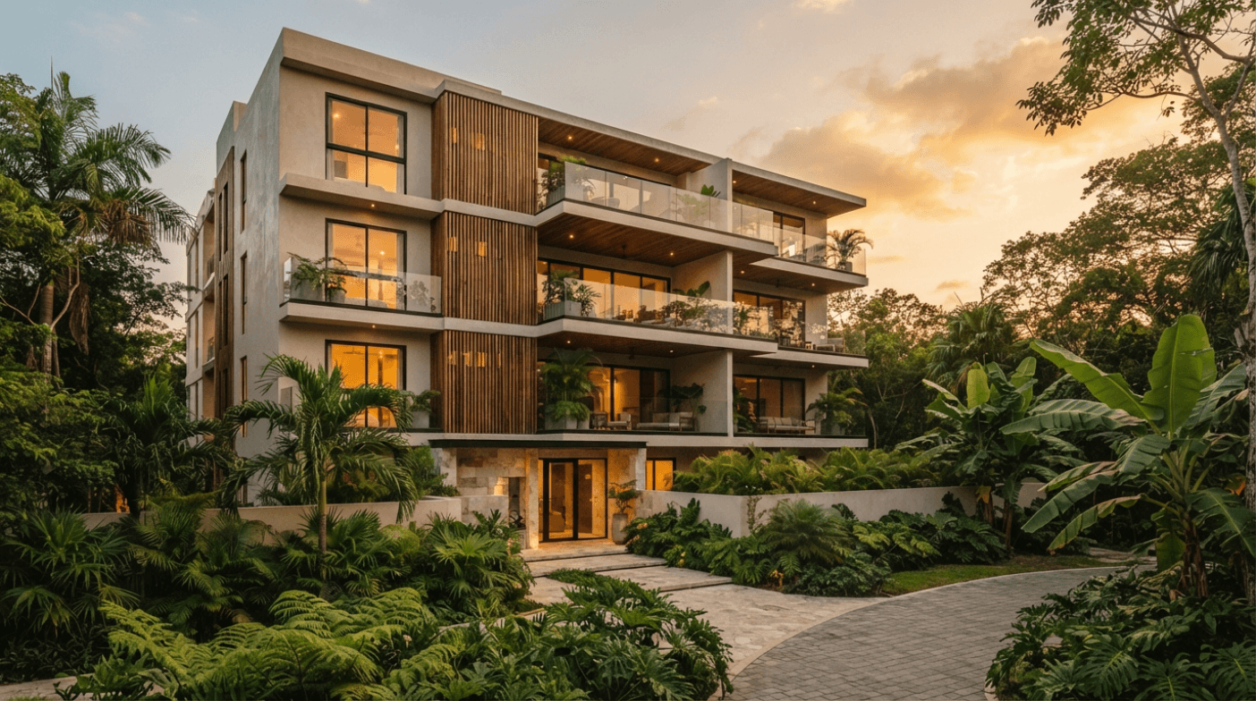 Fachada de un proyecto residencial en construcción en Playa del Carmen