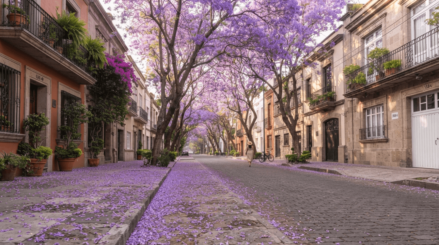 Avenida arbolada en la Ciudad de México en plena floración de jacarandas